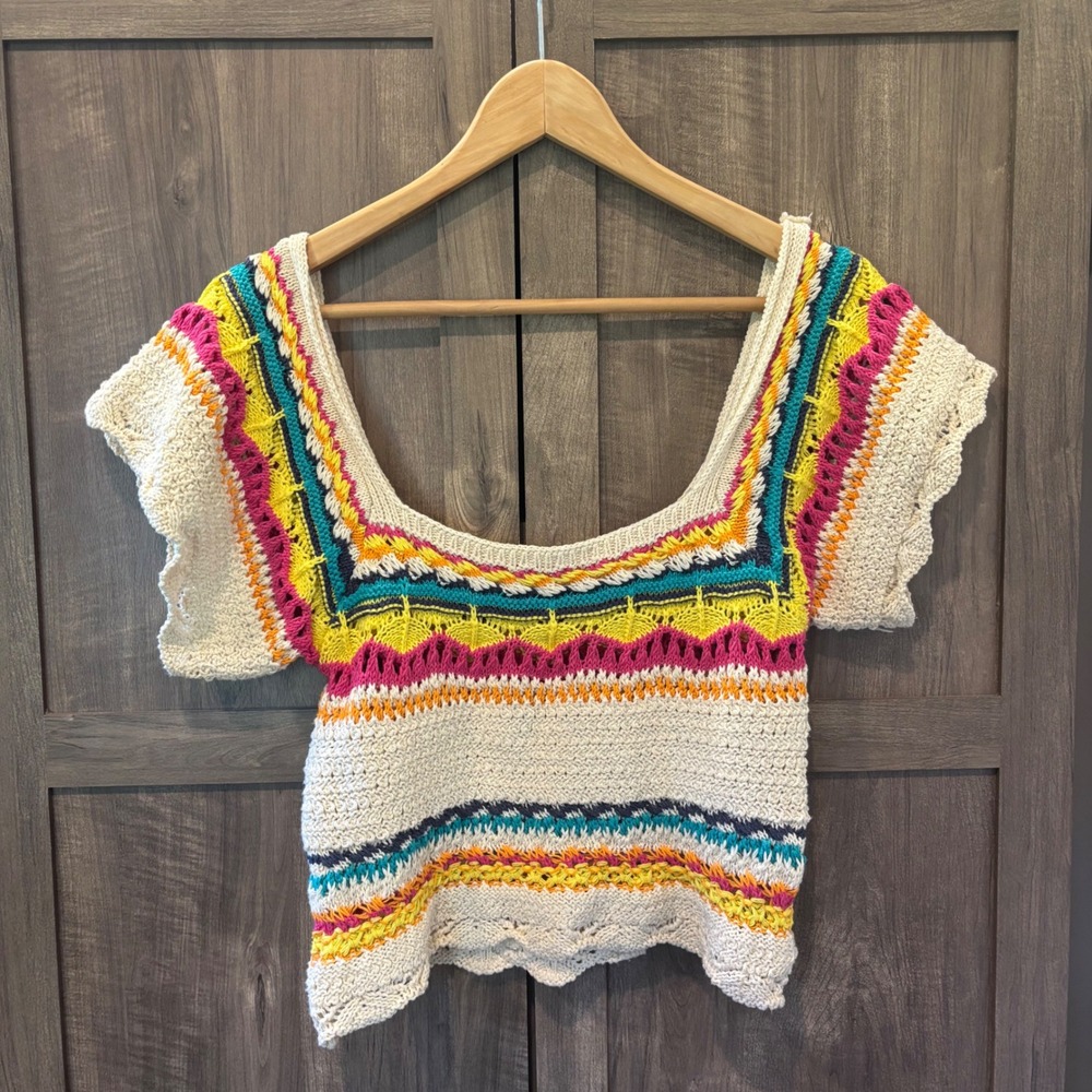 Zara Medium Crochet Knit Crop Top Square Neck Multi Color Boho Festival